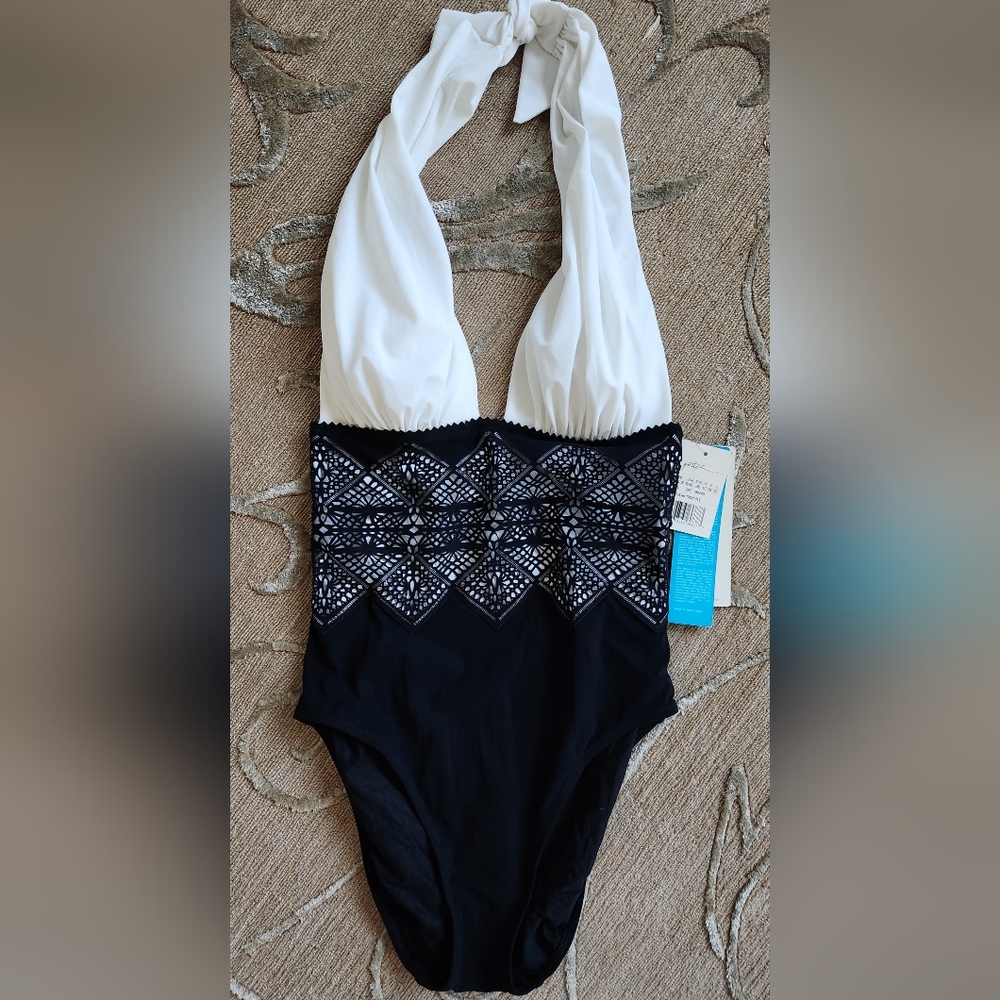 Gottex Black and White V-Neck One Piece Swimsuit